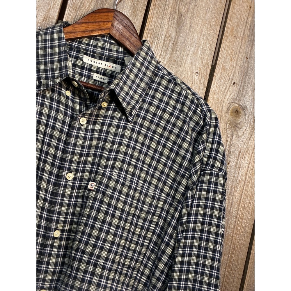 Robert Stock Mens XL Navy Blue Green Plaid Cotton Long Sleeve Button Down Shirt